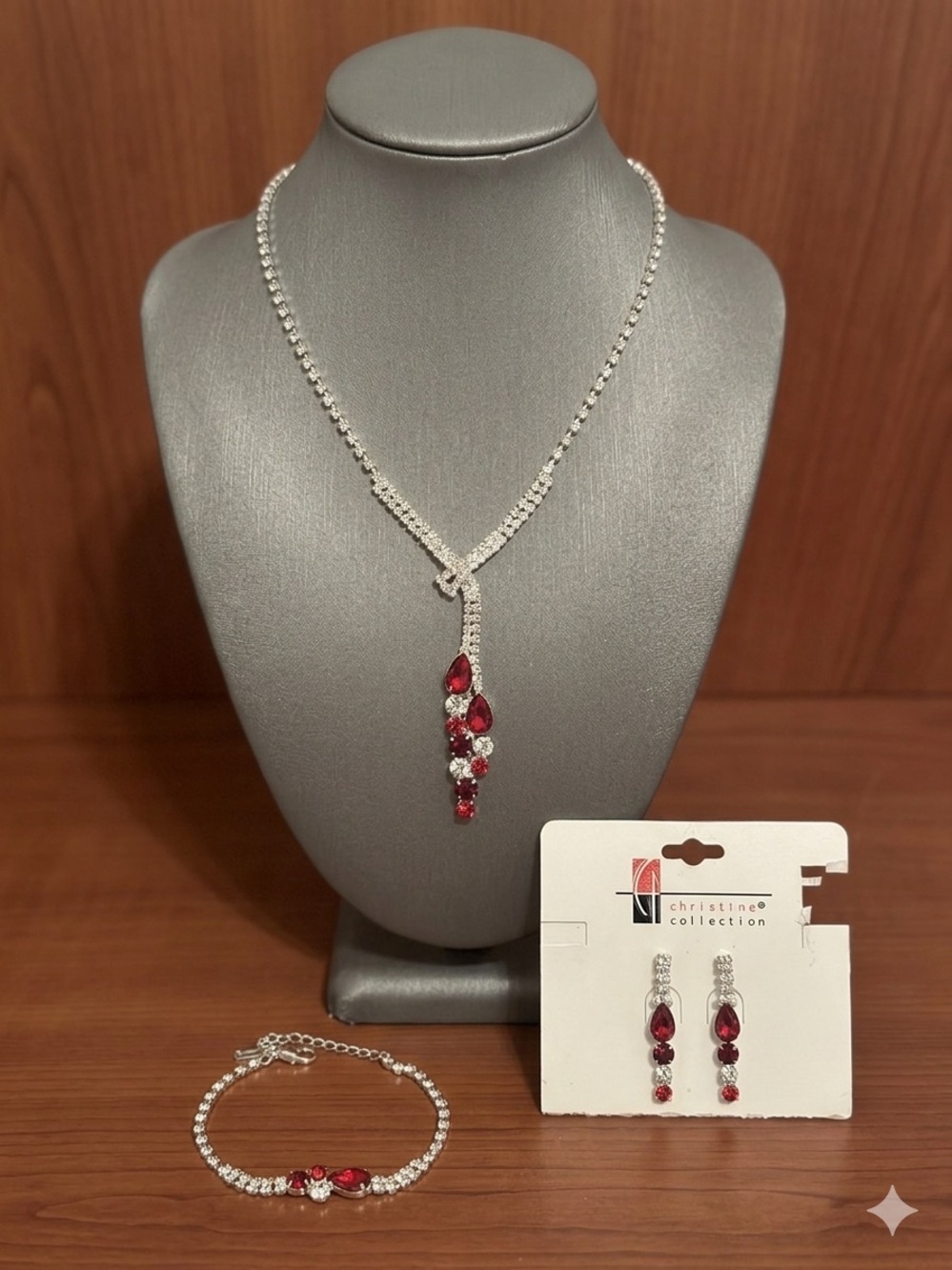 Christina Silver-Tone Necklace, Bracelet & Earrings Set with Red Gems